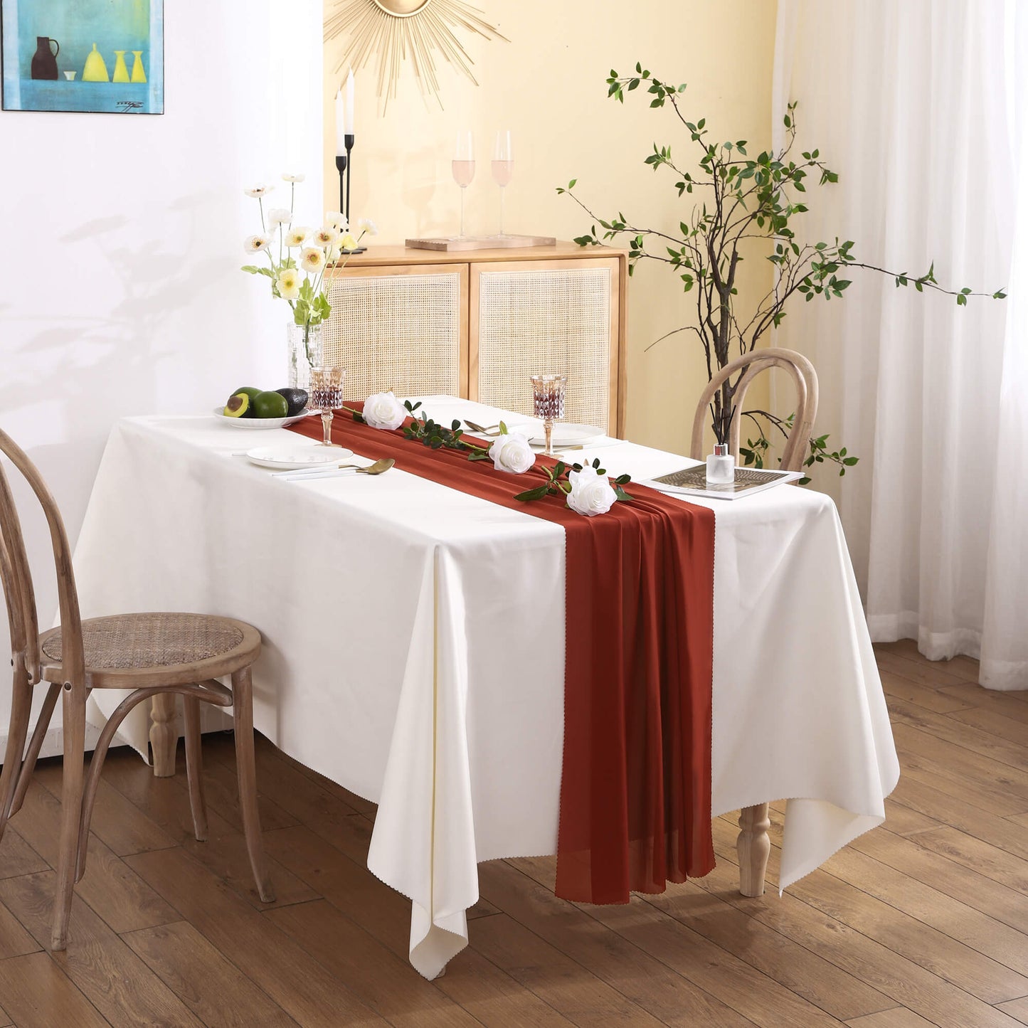 Chemin de table en mousseline de soie de couleur unie