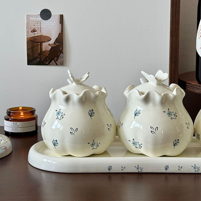 Cream Butterfly Floral Ceramic Jar