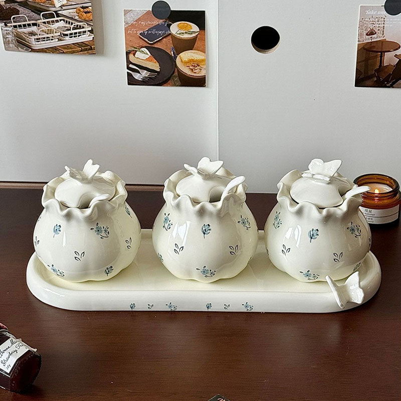 Cream Butterfly Floral Ceramic Jar