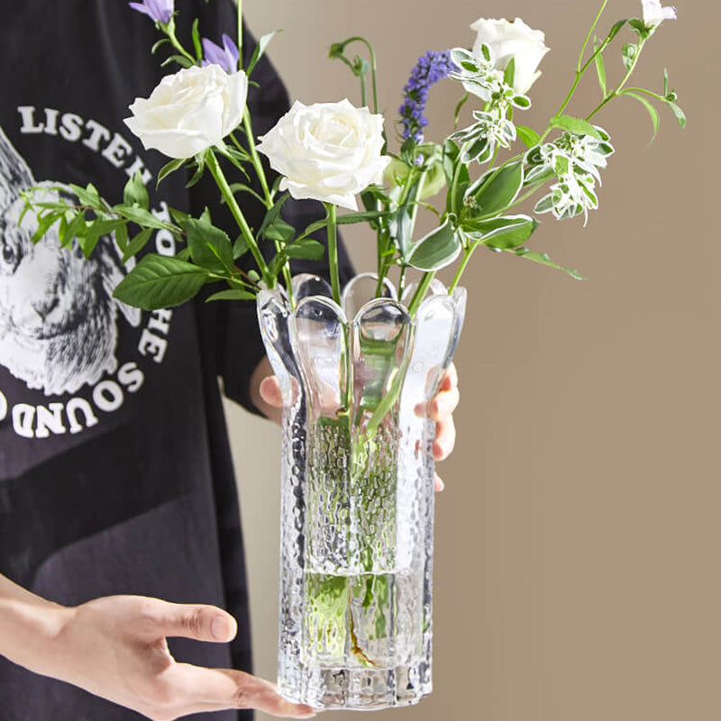 Embossed Flower Shape Crystal Glass Vase