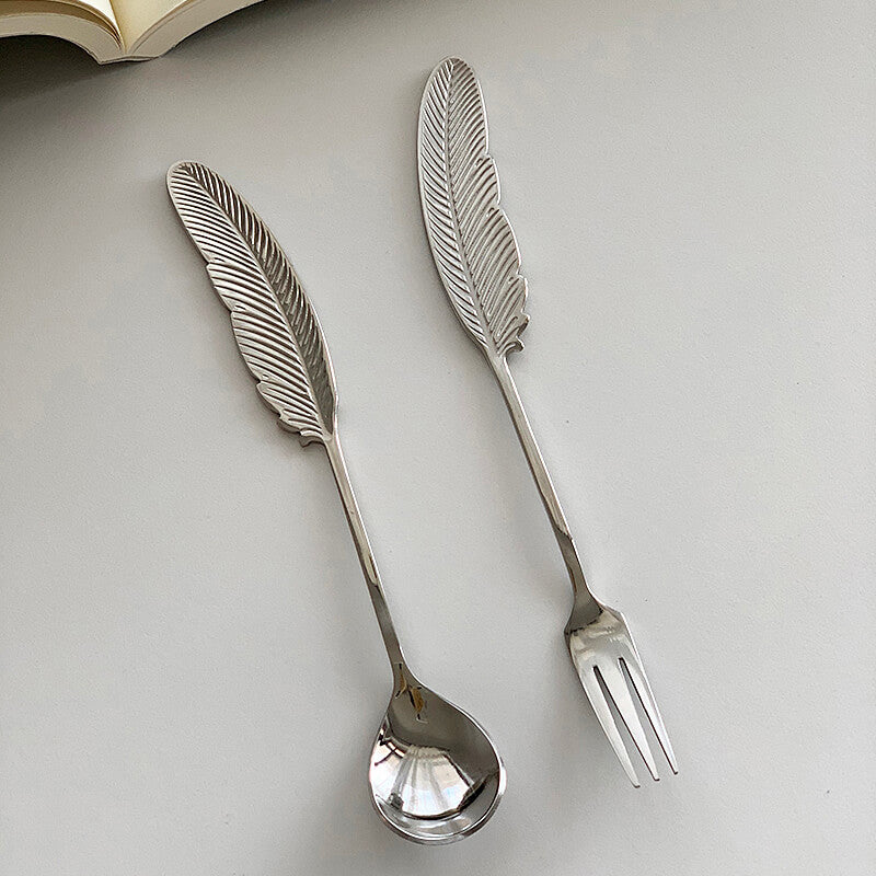 Cuillère et fourchette à dessert en acier inoxydable Feather