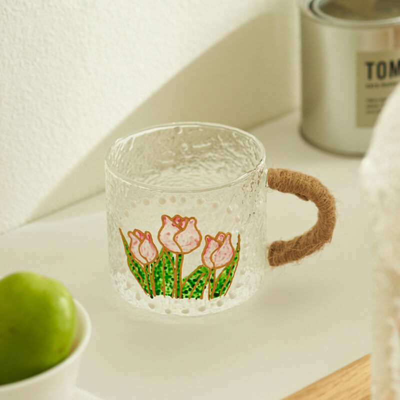 Hand Painted Floral Embossed Glass Cup