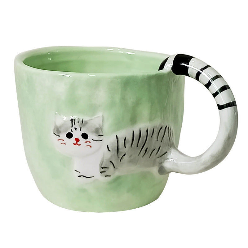 Mint Green Striped-Handle Cat Mug
