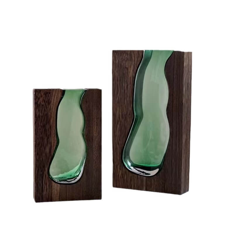 Vase en verre avec support en bois