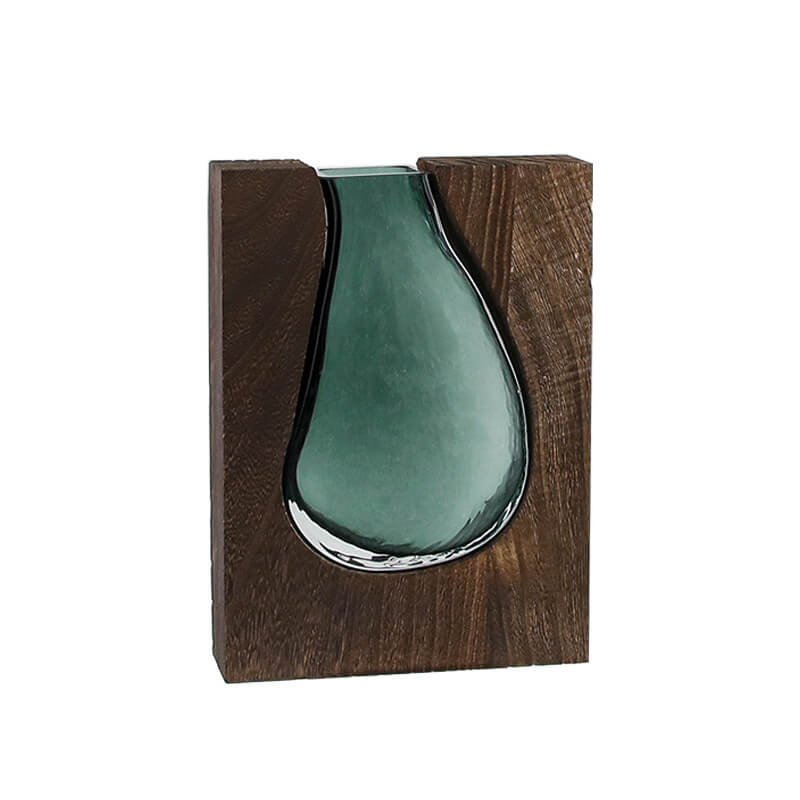 Vase en verre avec support en bois