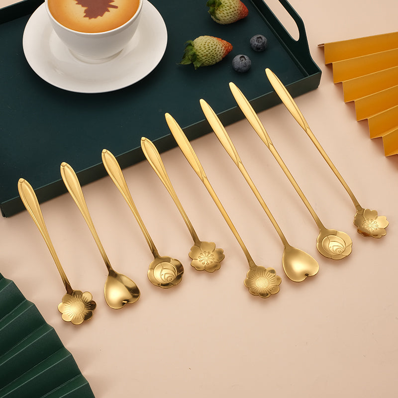 Golden Flower Dessert Spoon 8pcs Set