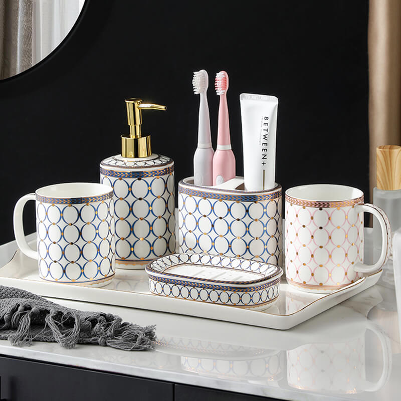 Circle Print Gold Ceramic Bathroom Set