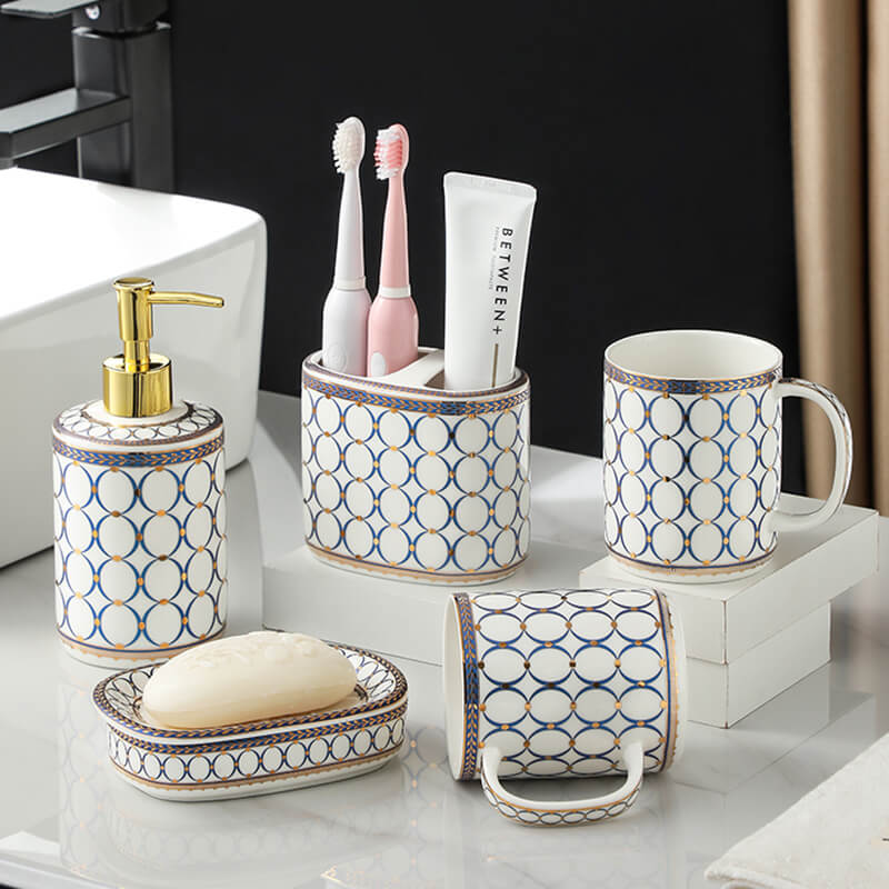 Circle Print Gold Ceramic Bathroom Set