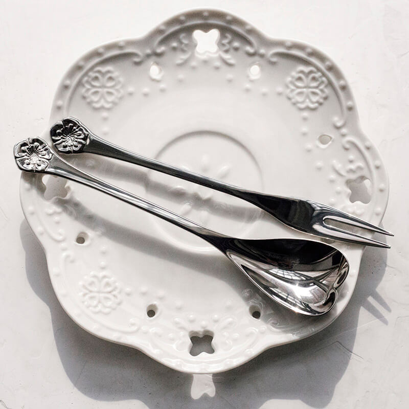 Cherry Blossom Embossed Dessert Spoon & Fork