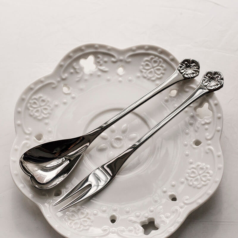 Cherry Blossom Embossed Dessert Spoon & Fork