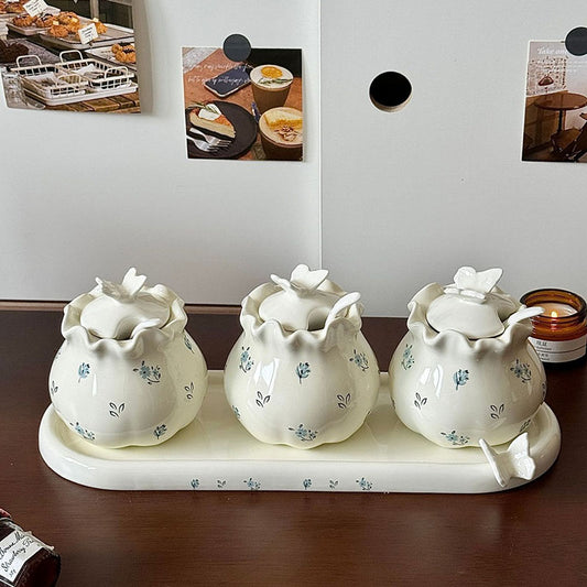 Cream Butterfly Floral Ceramic Jar