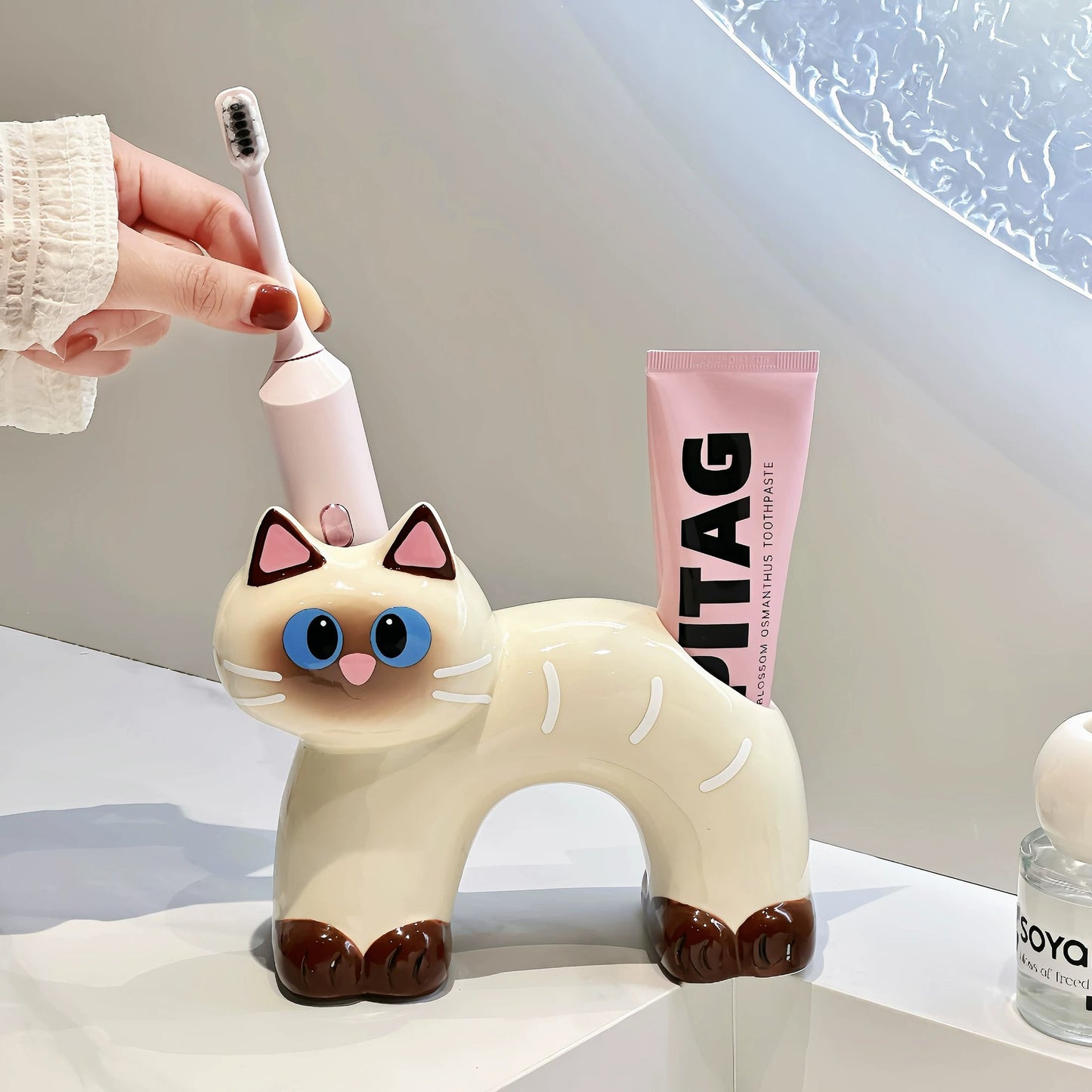Cute Siamese Cat Ceramic Toothbrush Holder