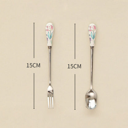 Floral Ceramic Handled Dessert Spoon & Fork