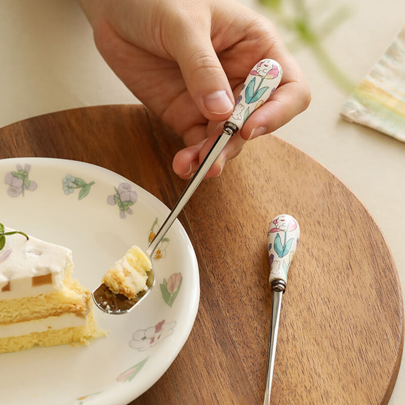 Floral Ceramic Handled Dessert Spoon & Fork