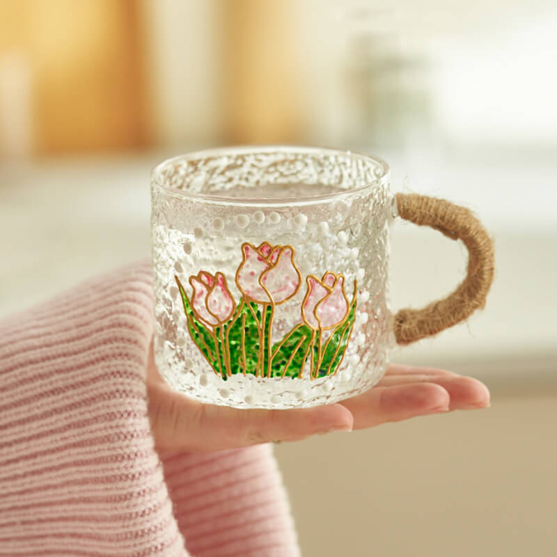 Hand Painted Floral Embossed Glass Cup