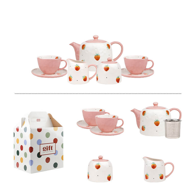 Hand Painted Strawberry Ceramic Teapot Set