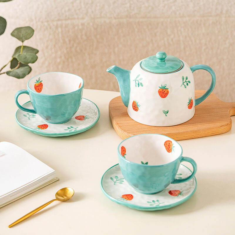 Hand Painted Strawberry Ceramic Teapot Set