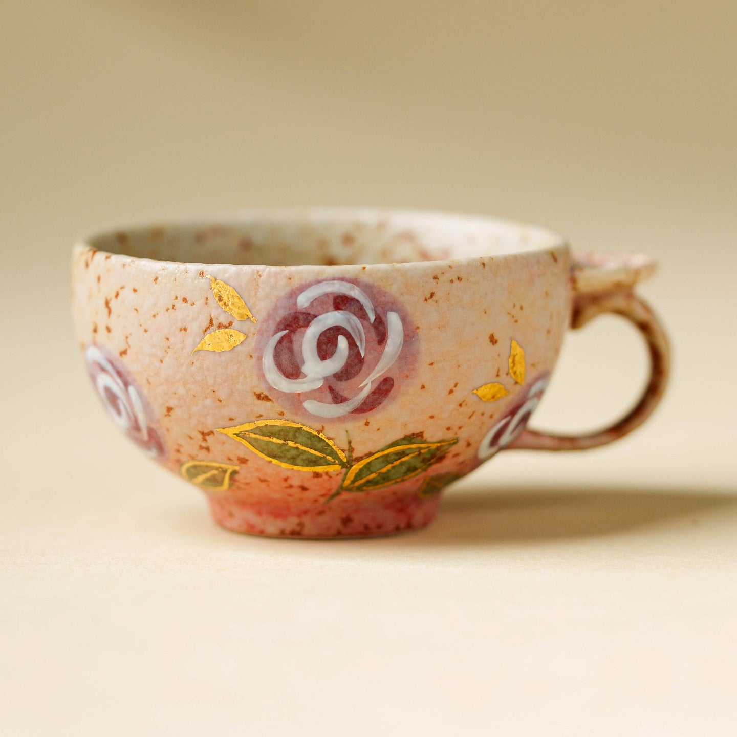 Handmade Gold-Painted Rose Ceramic Teacup