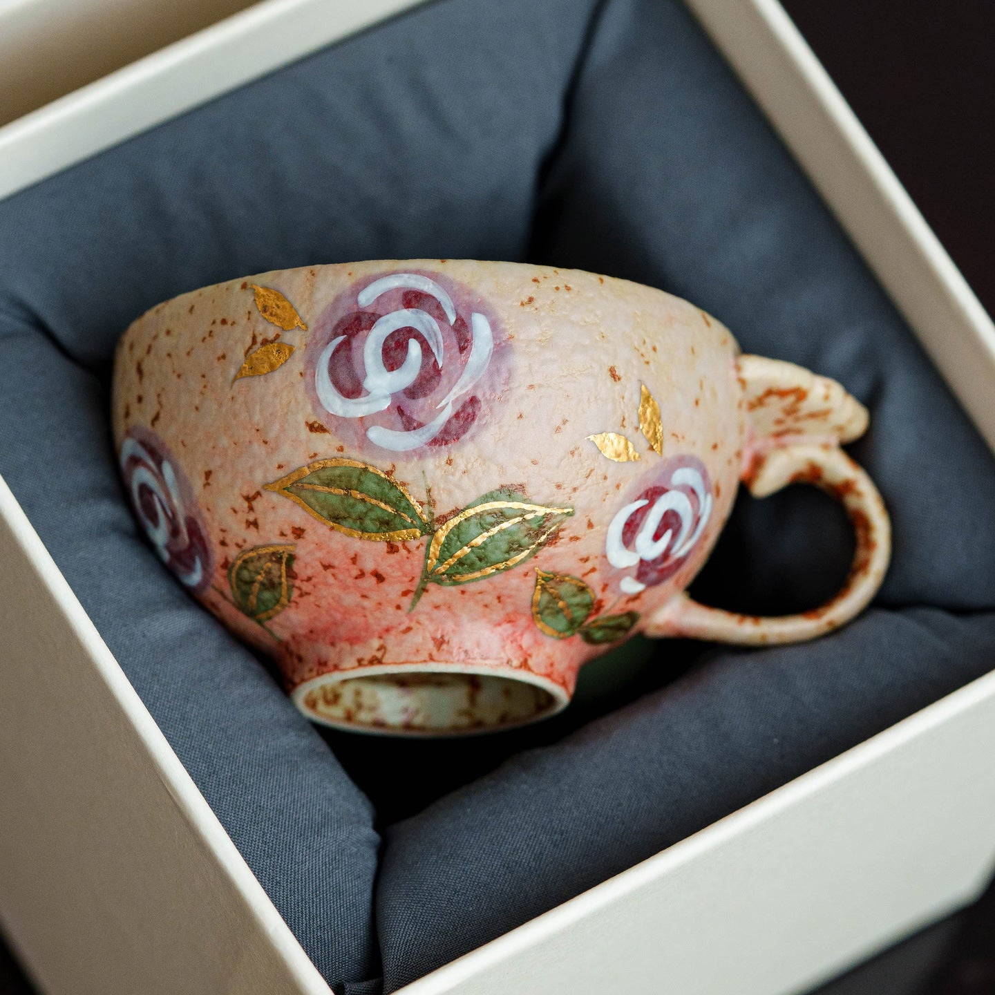Handmade Gold-Painted Rose Ceramic Teacup