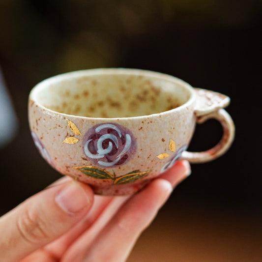 Handmade Gold-Painted Rose Ceramic Teacup