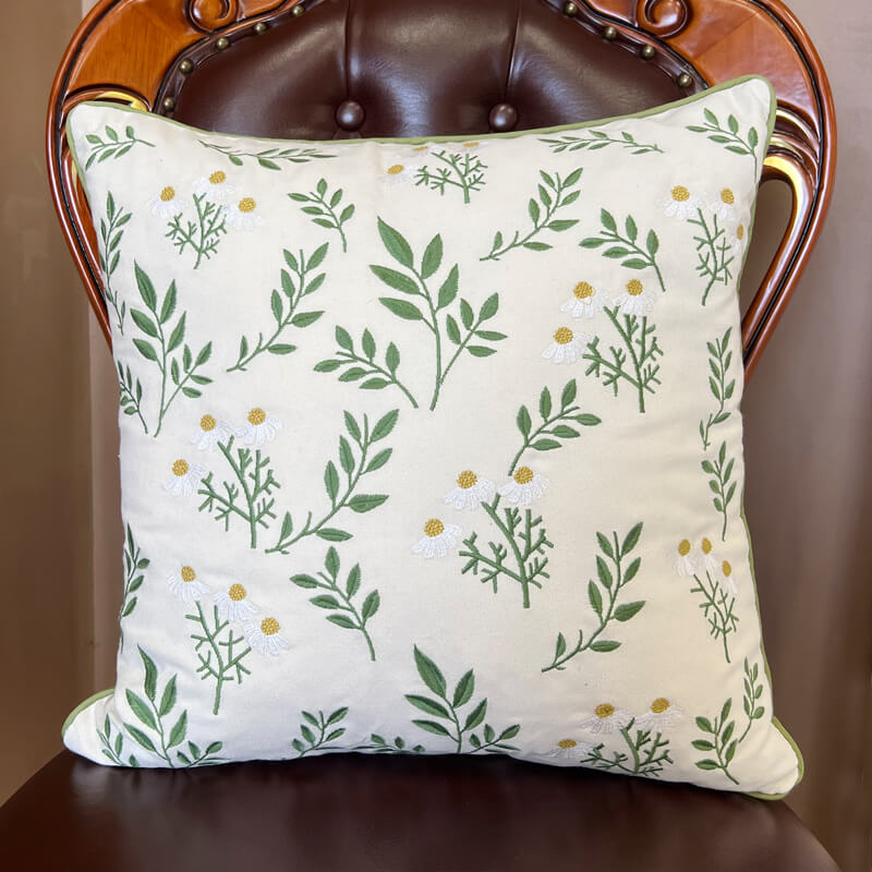 Leaf Embroidered Cotton Throw Pillow Cover