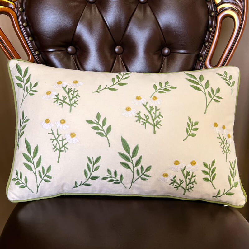 Leaf Embroidered Cotton Throw Pillow Cover