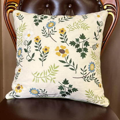 Leaf Embroidered Cotton Throw Pillow Cover