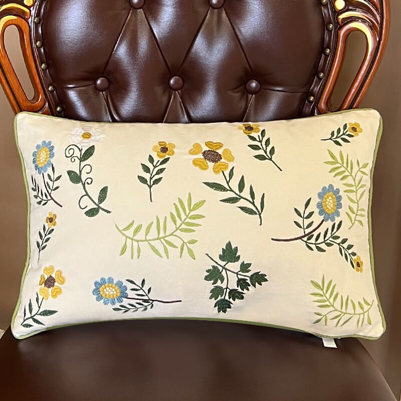 Leaf Embroidered Cotton Throw Pillow Cover