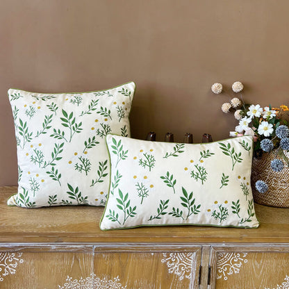 Leaf Embroidered Cotton Throw Pillow Cover