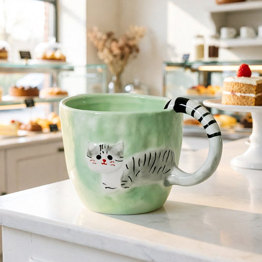 Mint Green Striped-Handle Cat Mug