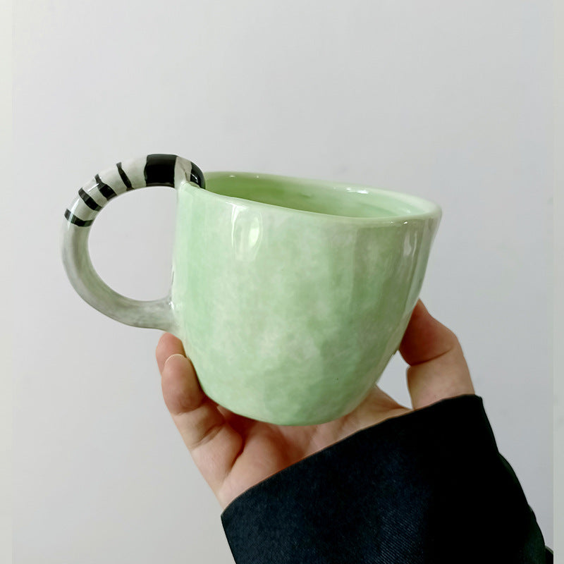 Mint Green Striped-Handle Cat Mug