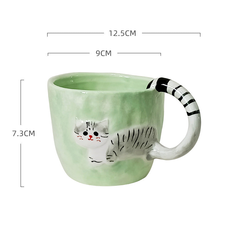 Mint Green Striped-Handle Cat Mug