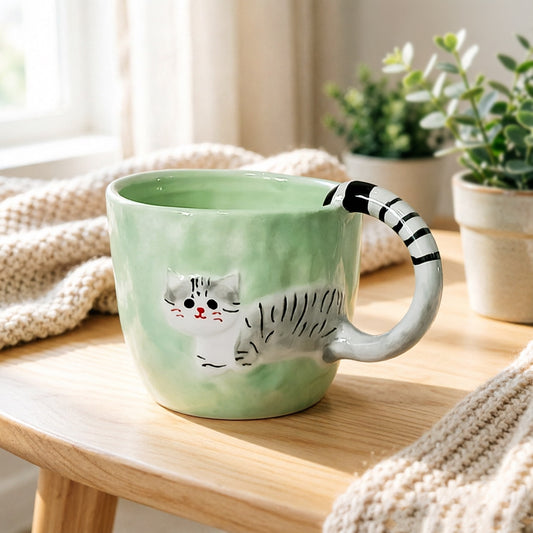 Mint Green Striped-Handle Cat Mug