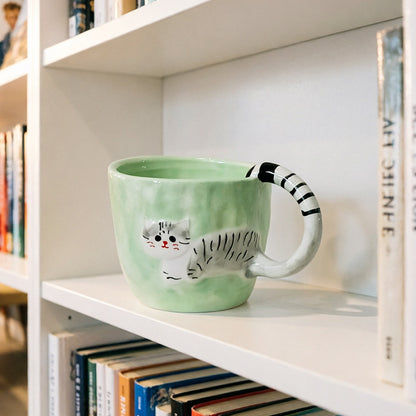 Mint Green Striped-Handle Cat Mug