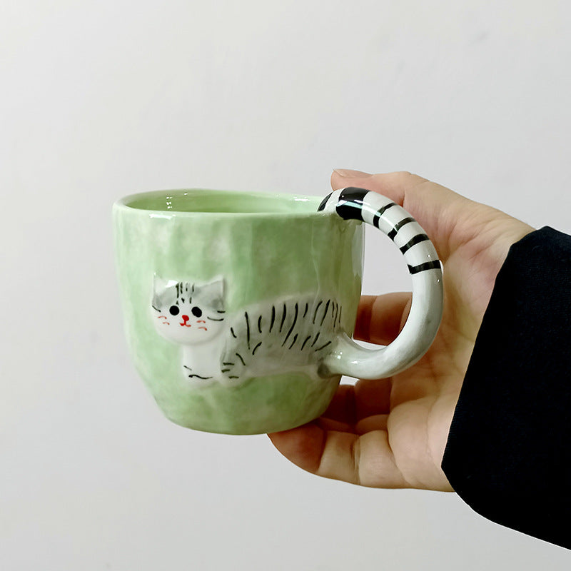 Mint Green Striped-Handle Cat Mug