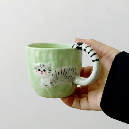 Mint Green Striped-Handle Cat Mug