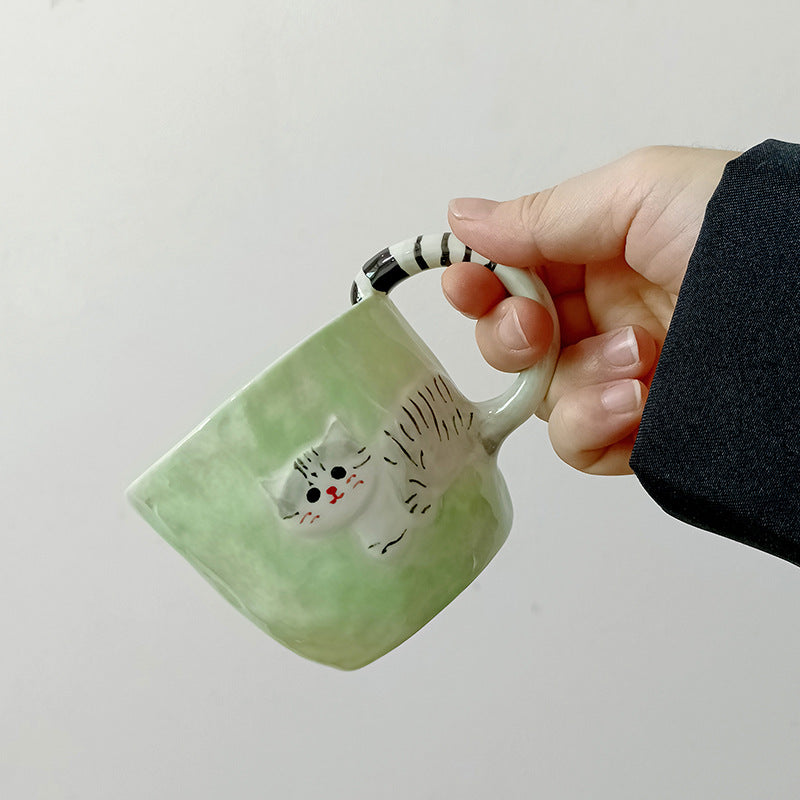 Mint Green Striped-Handle Cat Mug