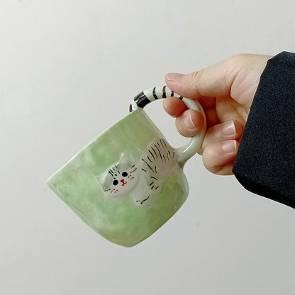 Mint Green Striped-Handle Cat Mug