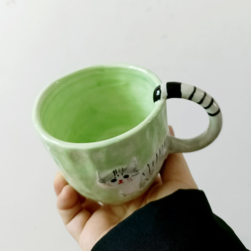 Mint Green Striped-Handle Cat Mug