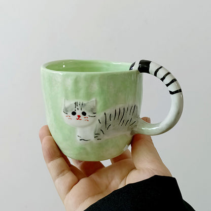 Mint Green Striped-Handle Cat Mug