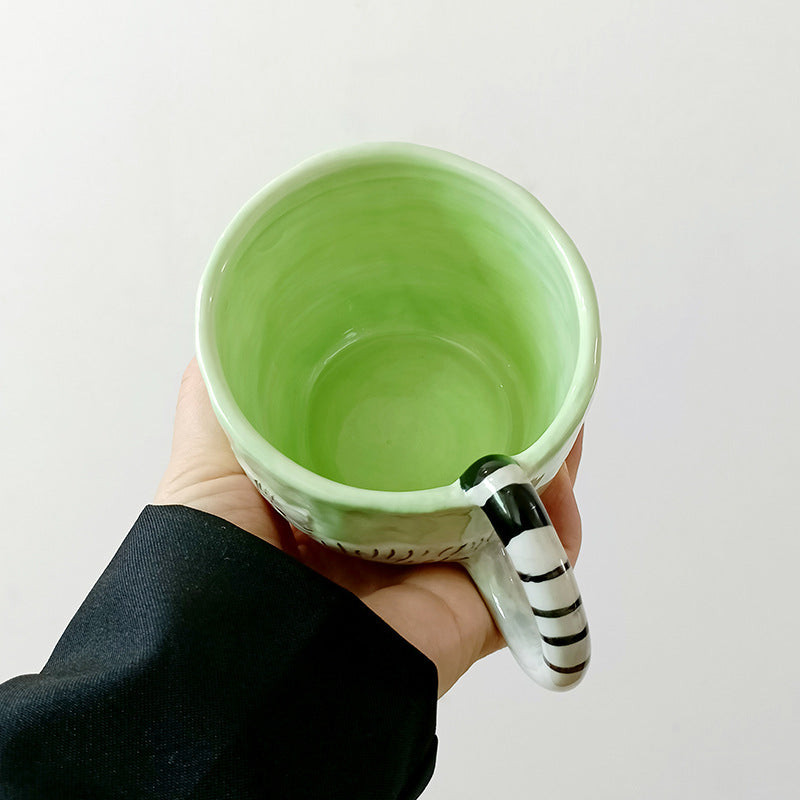 Mint Green Striped-Handle Cat Mug