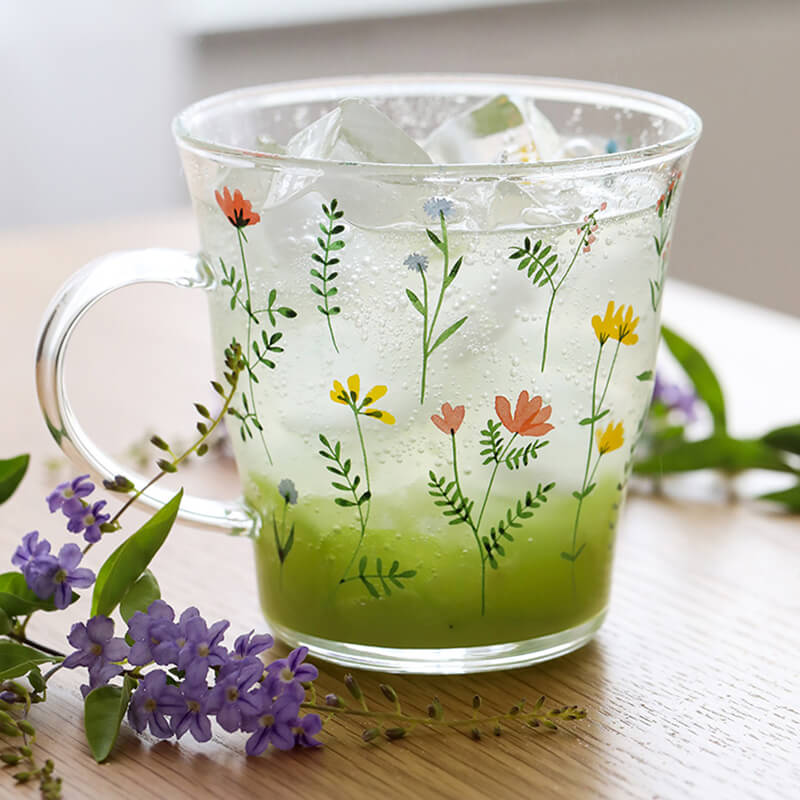 Plant Floral Print Glass Cup