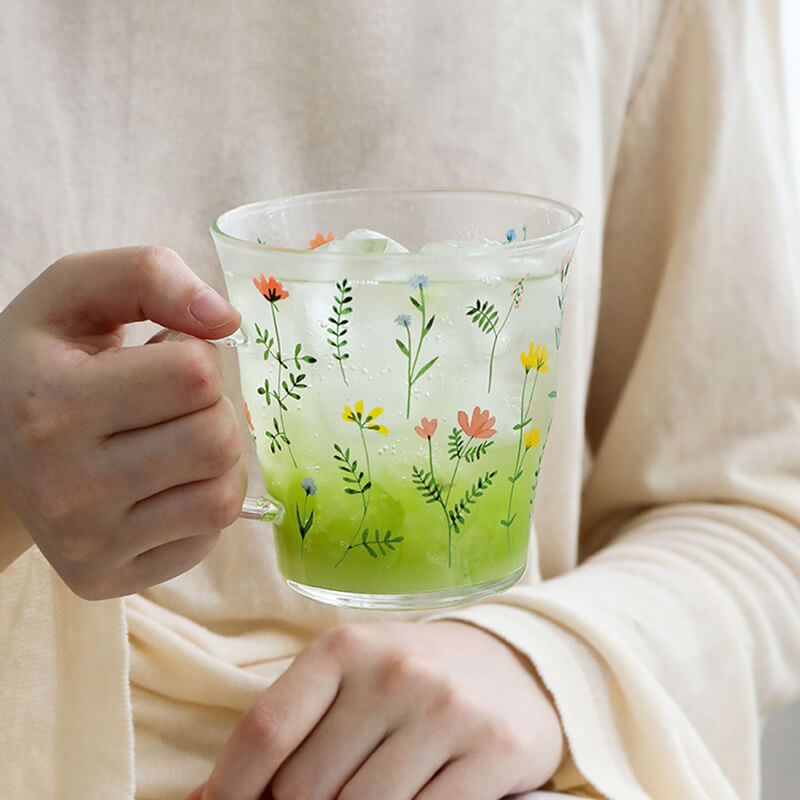 Plant Floral Print Glass Cup