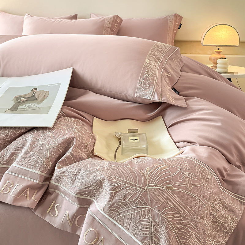 Qingyue Solid-Color Embroidered 4-Piece Bedding Set