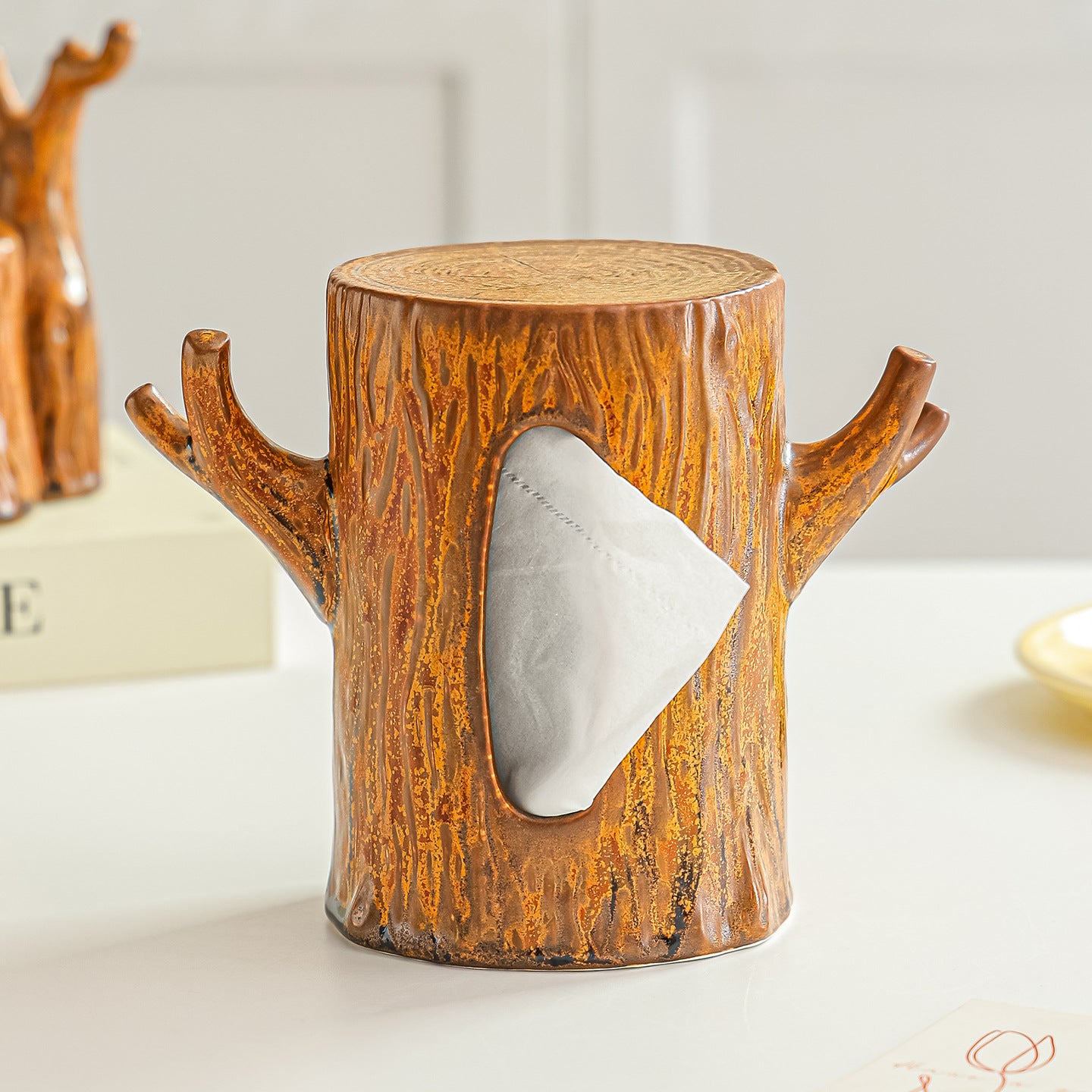Realistic Tree Stump Ceramic Tissue Box
