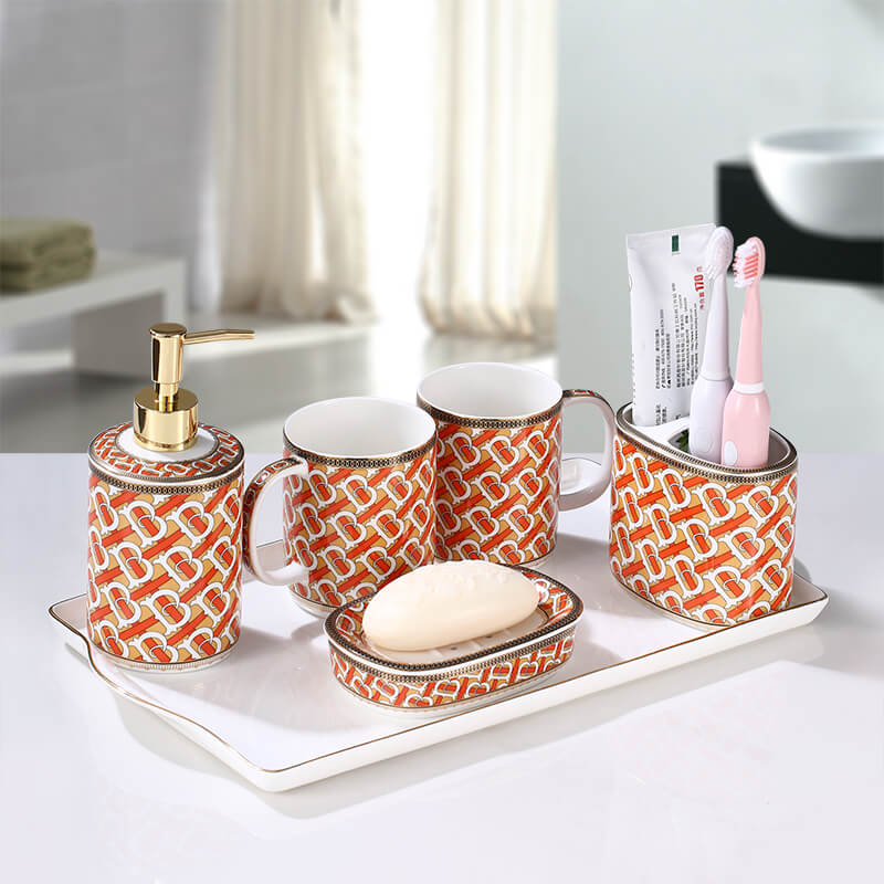 Red Gilt Ceramic Bathroom Set