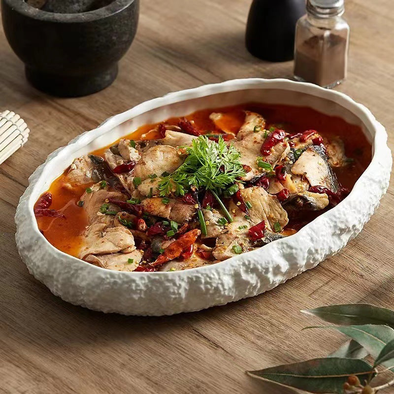 Rock-Patterned Oval Soup Plate