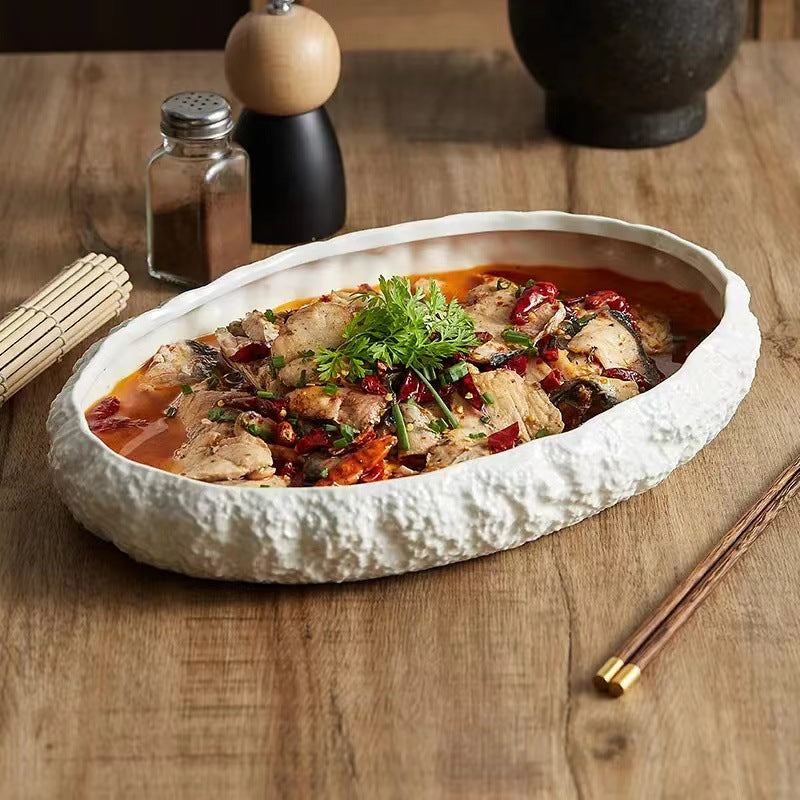 Rock-Patterned Oval Soup Plate