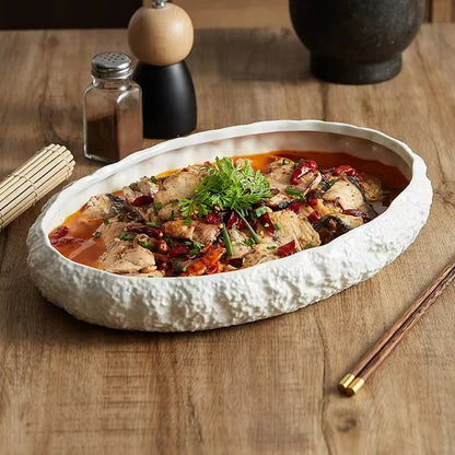 Rock-Patterned Oval Soup Plate