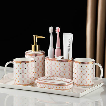 Circle Print Gold Ceramic Bathroom Set